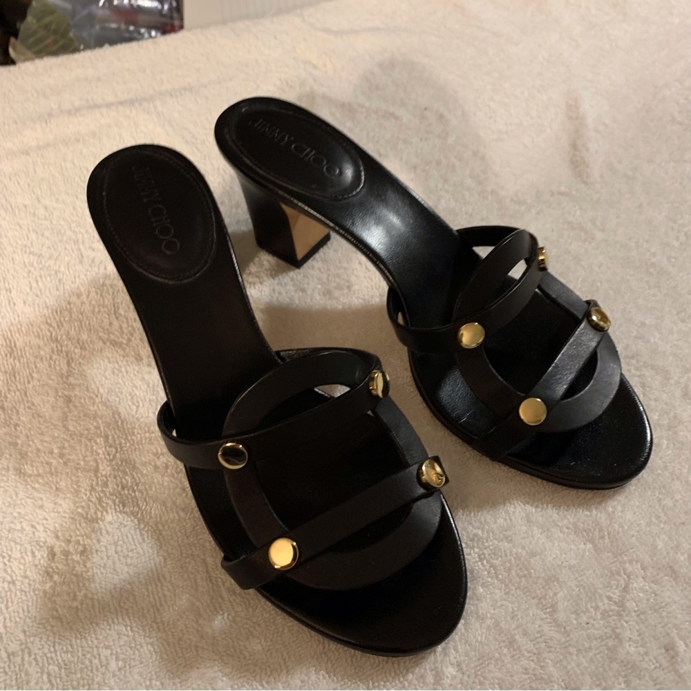 Jimmy Choo black sandals with goldstone studs size 37